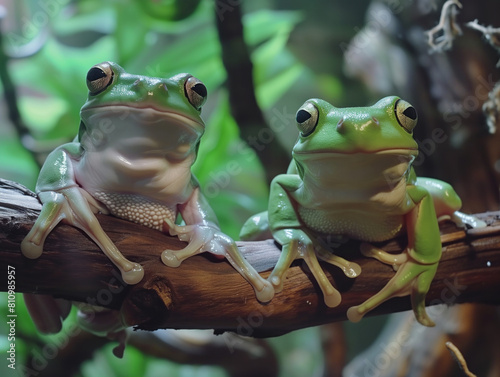 The scene features  Whites Tree Frog and Dumpy Frog on branches, with close-ups of Green Tree Frog and Whites Tree Frog. photo