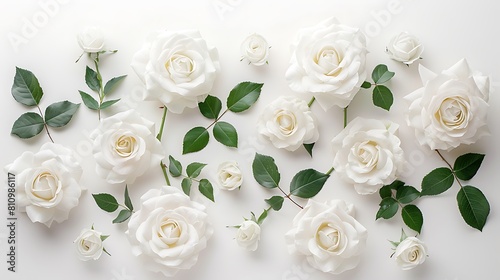 Artistic composition of white roses arranged elegantly on a white background  blending seamlessly into the frame.