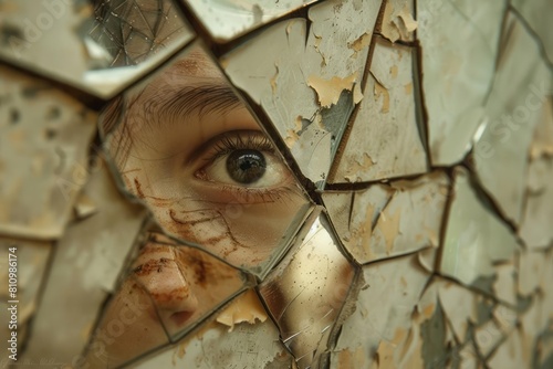 A person reflection in a fragmented mirror, revealing a complex internal struggle within a single frame photo