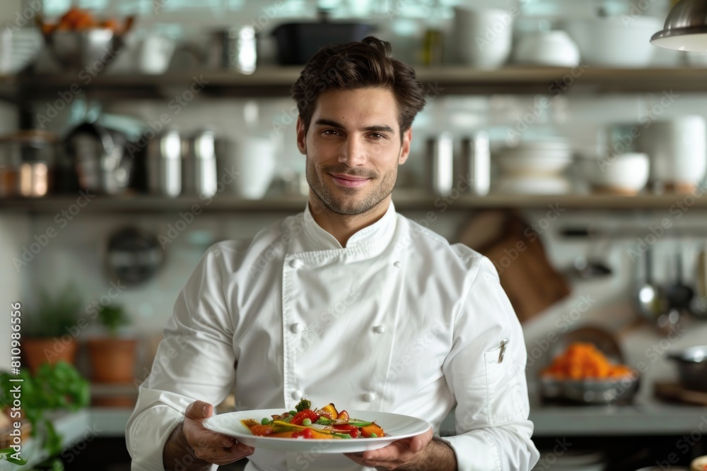 A chef is holding a plate of food in a kitchen