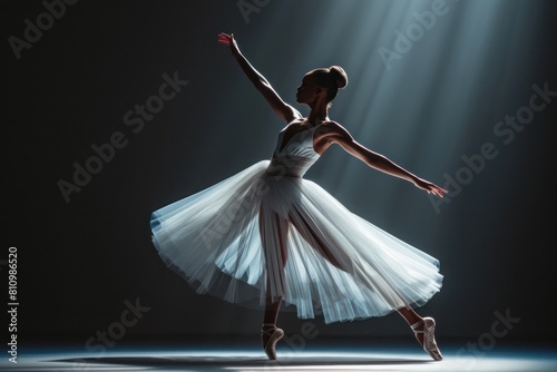 A woman in a white tutu is dancing on stage