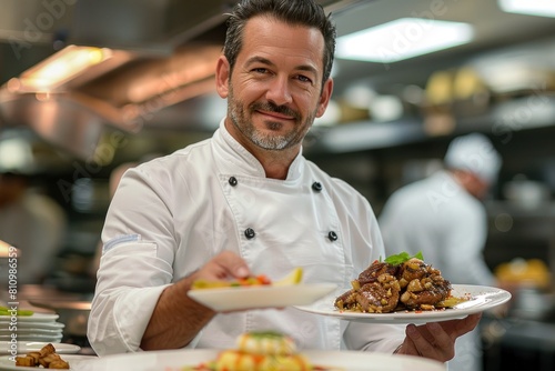 A chef is smiling and holding a plate of food