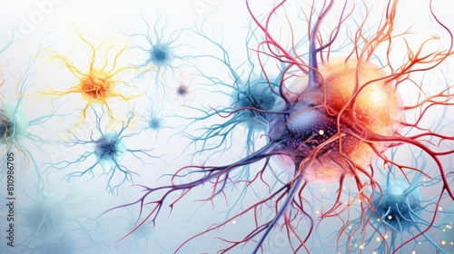 Detailed medical illustration of glial cells in the human nervous system, highlighting types like astrocytes and oligodendrocytes, isolated on white photo