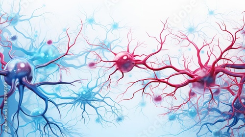 Detailed medical illustration of glial cells in the human nervous system, highlighting types like astrocytes and oligodendrocytes, isolated on white photo