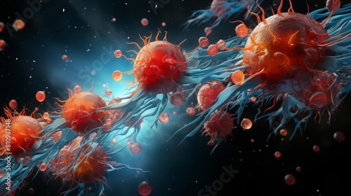 Dynamic illustration of neutrophils migrating towards an infection site, using vibrant color trails to depict chemotaxis in medical animations photo
