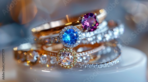 Colorful rings shimmering delicately on a clean white surface, catching the light and adding a touch of glamour to any ensemble.