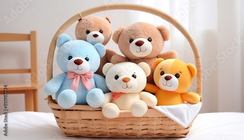 cute plush toys arrangement in basket for childrens created with generative ai