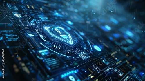 A futuristic digital security interface featuring a glowing shield icon surrounded by intricate data patterns, representing cybersecurity, encryption, and data protection