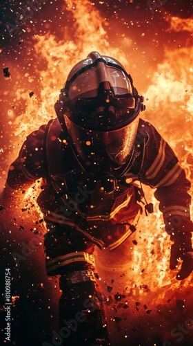 A firefighter is running through a fire with a lot of debris and ash. The scene is intense and chaotic, with the firefighter's gear and helmet clearly visible. The image conveys the danger