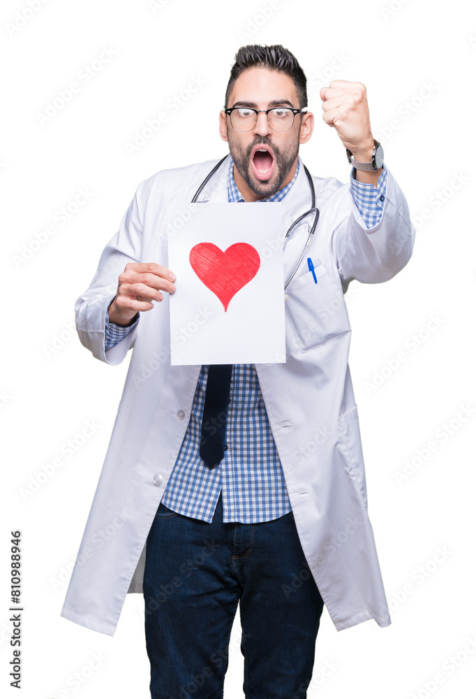 Handsome young doctor man holding paper with red heart over isolated background annoyed and frustrated shouting with anger, crazy and yelling with raised hand, anger concept Handsome young doctor man holding paper with red heart over isolated background annoyed and frustrated shouting with anger, crazy and yelling with raised hand, anger concept