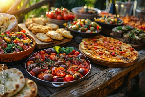 A table is covered with a variety of food, including pizza, bread © itchaznong