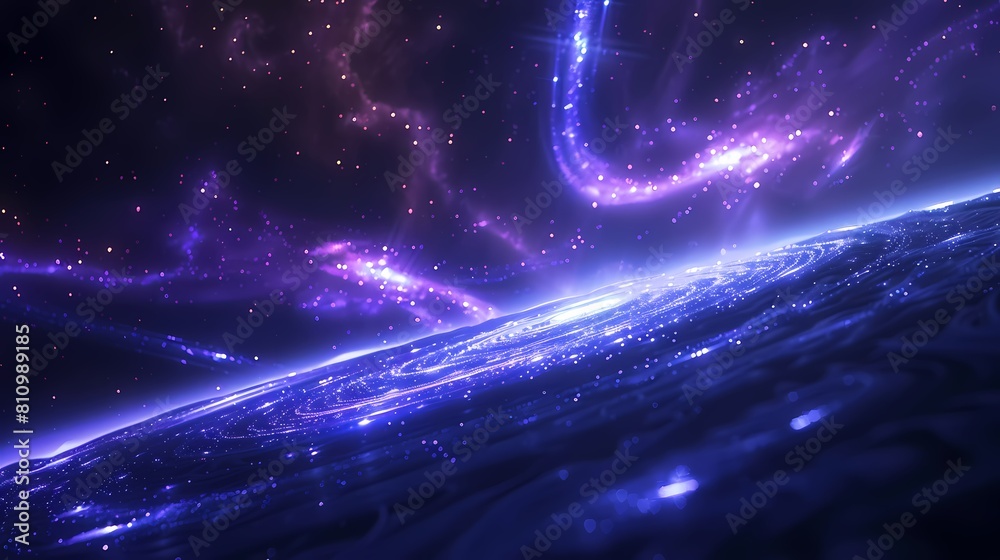 Vast universe blue curve and glowing asteroid illustration poster background