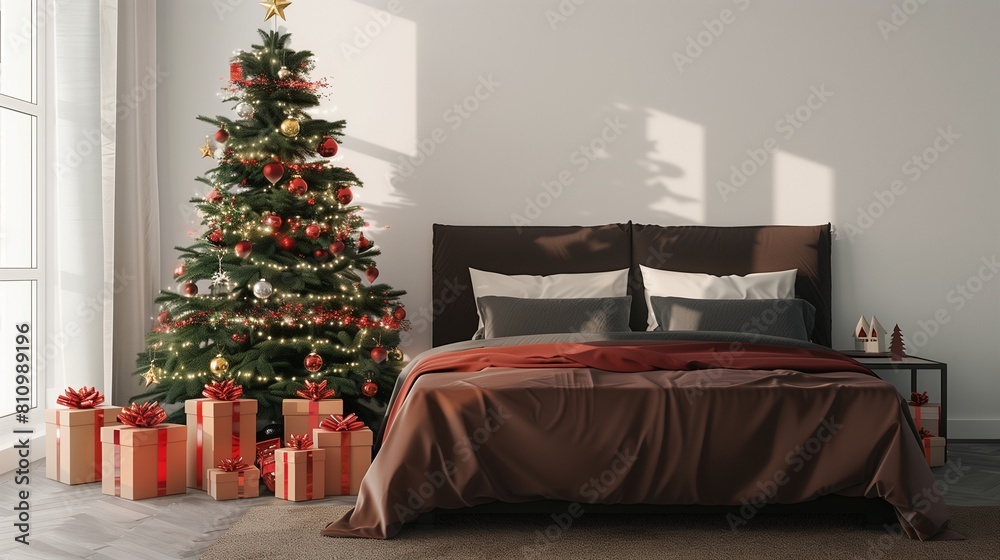 Bright and airy Christmas setting with a chocolate brown king-sized bed and a luxuriously decorated tree with festive gifts, clean and elegant. Bright and airy Christmas setting with a chocolate brown king-sized bed and a luxuriously decorated tree with festive gifts, clean and elegant.