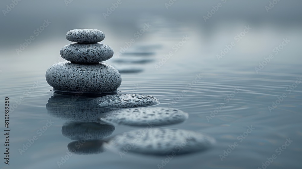 Pebbles stacked on each other in water with a blurred background