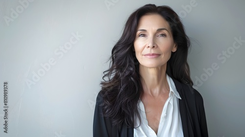 Elegant mature woman looking upwards with hope, simple and stylish portrait in a neutral setting. Captured with soft natural light. Perfect for diverse uses. AI