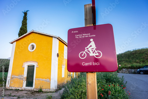 Cyclist information next to a small train station, Greenway of Oil Natural Trail, Alcaudete, Jaén province, Andalusia, Spain