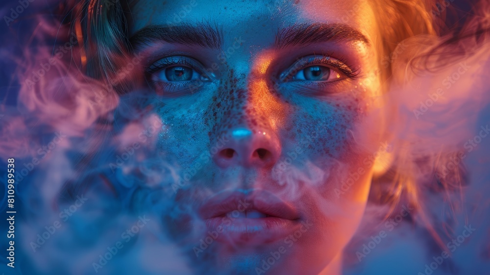 Portrait of a young woman with blue eyes and freckles, her face is partially obscured by smoke.