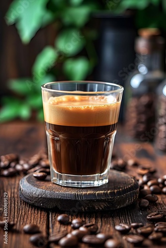 Glass of coffee with cream on wooden background. selective focus. Generative AI,