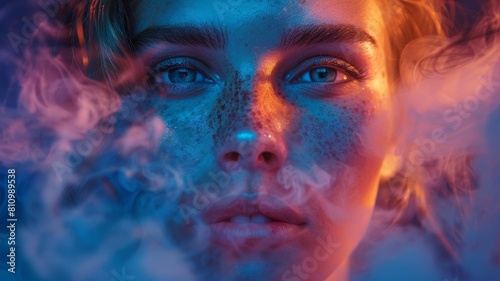 Portrait of a young woman with blue eyes and freckles  her face is partially obscured by smoke.