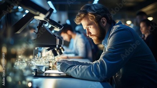 Medical student in a university laboratory closely inspecting a slide of human cells under a microscope, educational setting photo