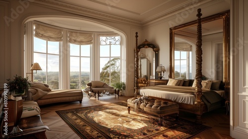 A combined bedroom-living space with a large window, featuring classic furnishings including a four-poster bed and a plush sofa.