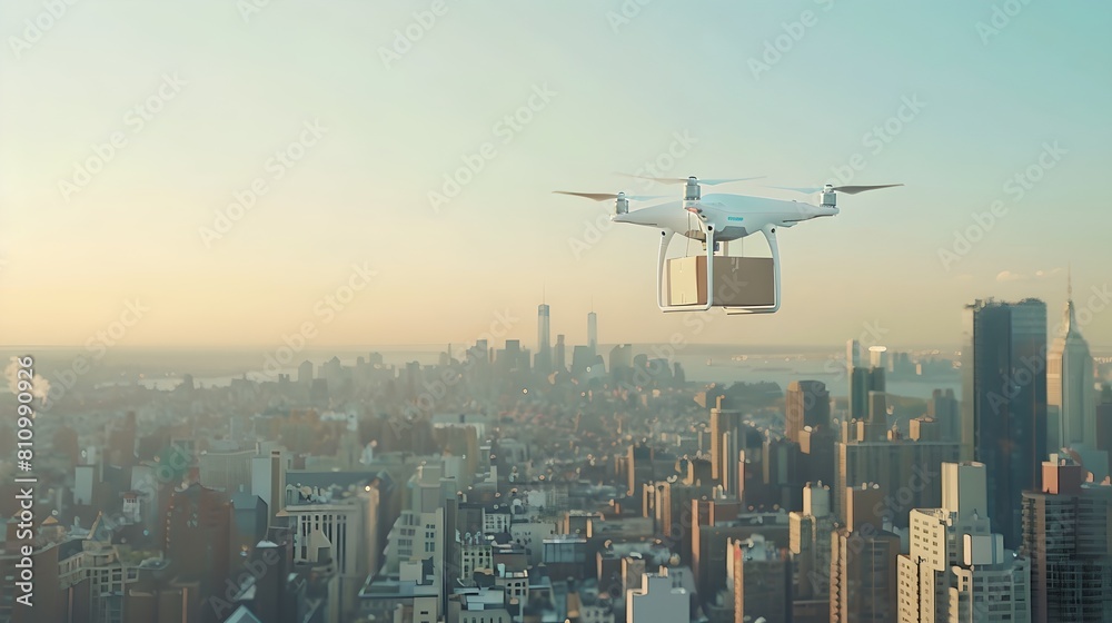 Drone Delivery Over Cityscape at Sunrise, Modern Technology and Futuristic Transportation. Urban Drone Service Concept with Copy Space. AI Drone Delivery Over Cityscape at Sunrise, Modern Technology and Futuristic Transportation. Urban Drone Service Concept with Copy Space. AI