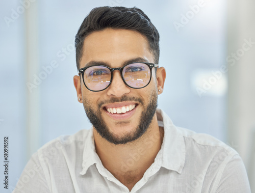 Corporate, portrait and man in office, glasses and mockup space for employee in startup and agency. Accountant, professional and eyewear for vision of person, business and happy in bank of Egypt