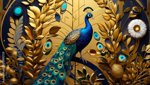 Multicolor 3D oil painting of a peacock sitting on the branch of tree with flowers and butterfly's Acrylic drawing art. A piece of art oil painting