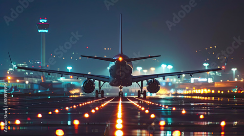 Airplane during take off on airport runway at night against air traffic control tower Plane in blurred motion at night