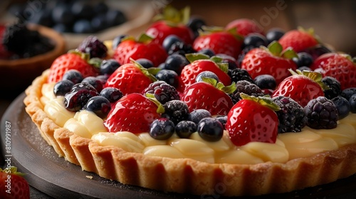 fruit tart recipe, delicious dessert: custard-filled tart with fresh fruit topping on a buttery shell, perfect for any celebration photo