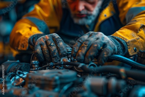A focused shot captures a man's hands skillfully working on a car engine, with a detailed view of the components and his concentrated expression clearly visible.