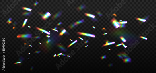Rainbow dispersion highlights on a black background. Glare or reflection from water and glass. Realistic Glittering particles for photo shots. Vector overlay illustration.