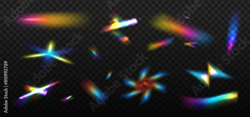 Set of colorful lenses and light flares with transparent effects. Iridescent crystal spectrum reflection effect. Optical rainbow, glare, leak, streak overlay. Vector mesh holographic illustration