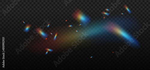 Rainbow highlights template on a dark background. Glare or reflection from water and glass dispersion. Glittering particles for social media backgrounds, photo shots. Trendy vector overlay