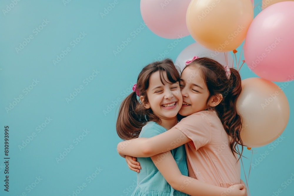 Two happy girls with balloons hugging at blue background with copy space Two happy girls with balloons hugging at blue background with copy space