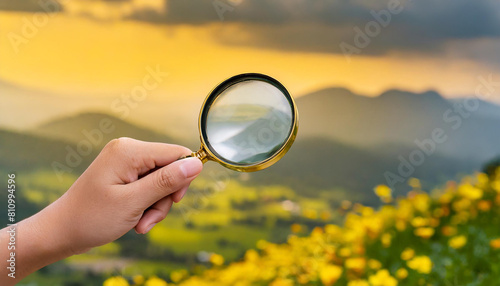female hand holds a magnifying glass loupe on a yellow background