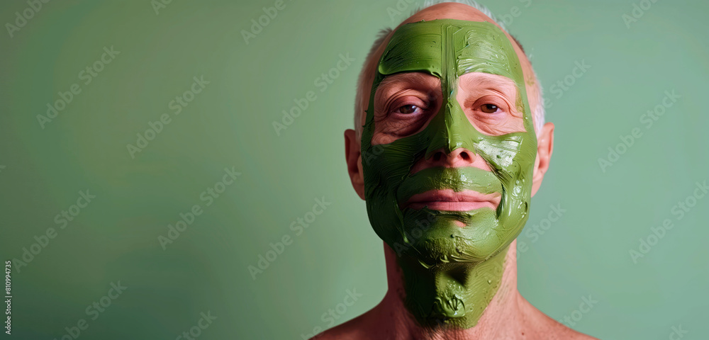 Senior man wearing green face mask for skin care treatment. Wellbeing. Self care. Beauty and cosmetic header with copy space. Senior man wearing green face mask for skin care treatment. Wellbeing. Self care. Beauty and cosmetic header with copy space.