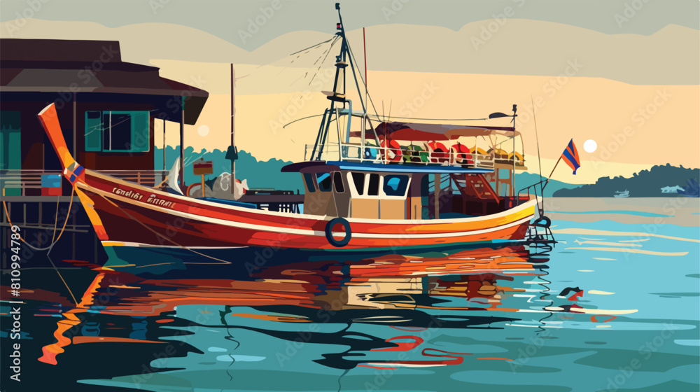 thai fishing boat at harbour Vector style