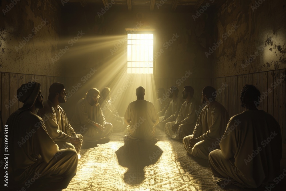 Jesus appears to His disciples in a dimly lit room, a divine light casting dramatic shadows, rendered in 3D