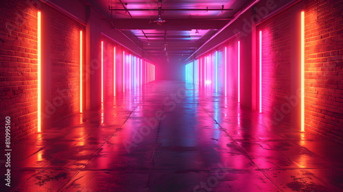 Illuminated long hallway with red and pink lights