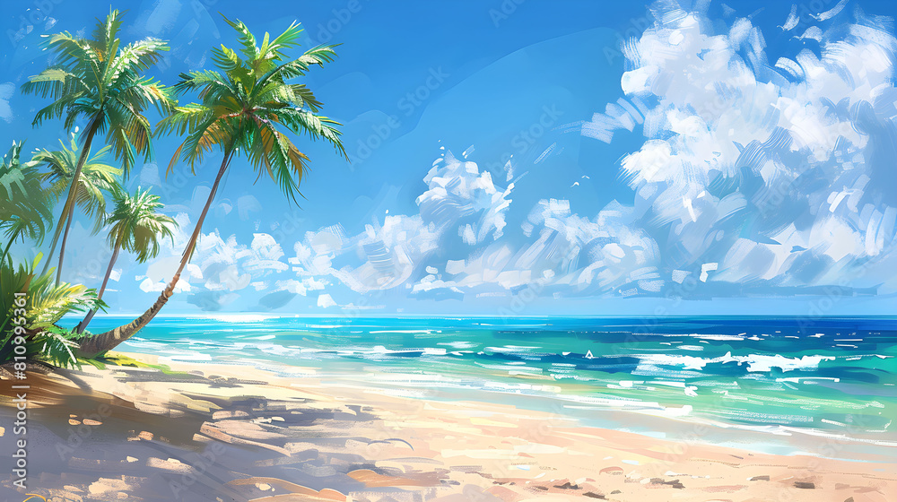 Tropical beach painting with palm trees and blue ocean with waves.