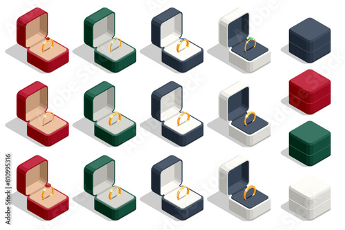 Isometric Elegant jewelry. Opened gift jewelry boxes with ring. Jewellery gold and silver ring with diamonds or gemstones. Cartoon jewellery shop showcase. Golden jewel shop.