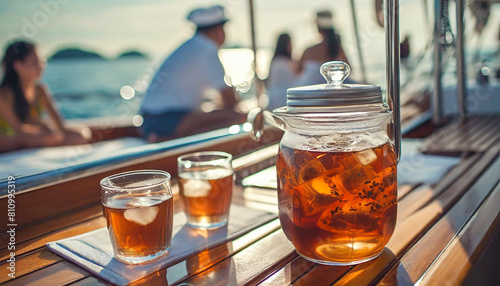 focus on a jar full of tea on a table and couple glasses with ice and tea next to it