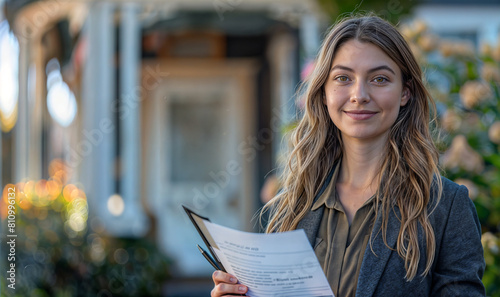 caucasian woman  as a real estate agent, American realtor woman with contract to sign in front of home property, buying / leasing a new house/ home