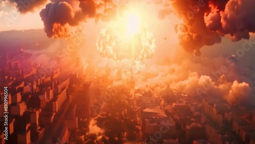 nuclear huge explosion in the city, aerial view. slow motion.  photo