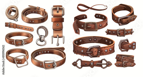 The strapping of leather belts with steel buckles and metal fittings. photo