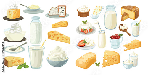 Milk, cheese, butter, sour cream, yogurt, cottage cheese, and ice cream cartoon. Organic dairy food modern illustration set.