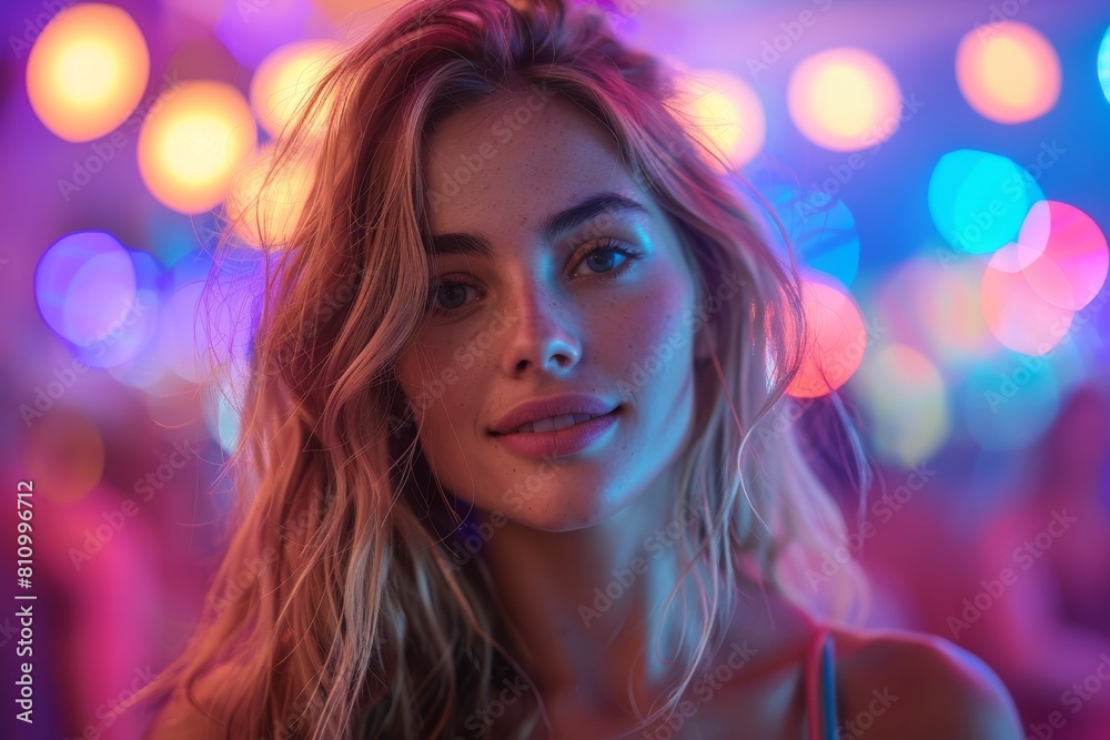 A young lady posing with soft focused festive lights creating a bokeh background A young lady posing with soft focused festive lights creating a bokeh background