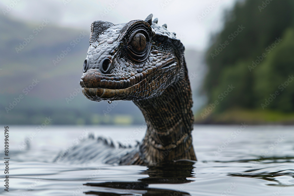 Fototapeta premium Large serpant-like sea monster swimming in lake