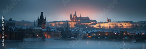 Beautiful historical buildings in winter with snow and fog in Prague city in Czech Republic in Europe. photo